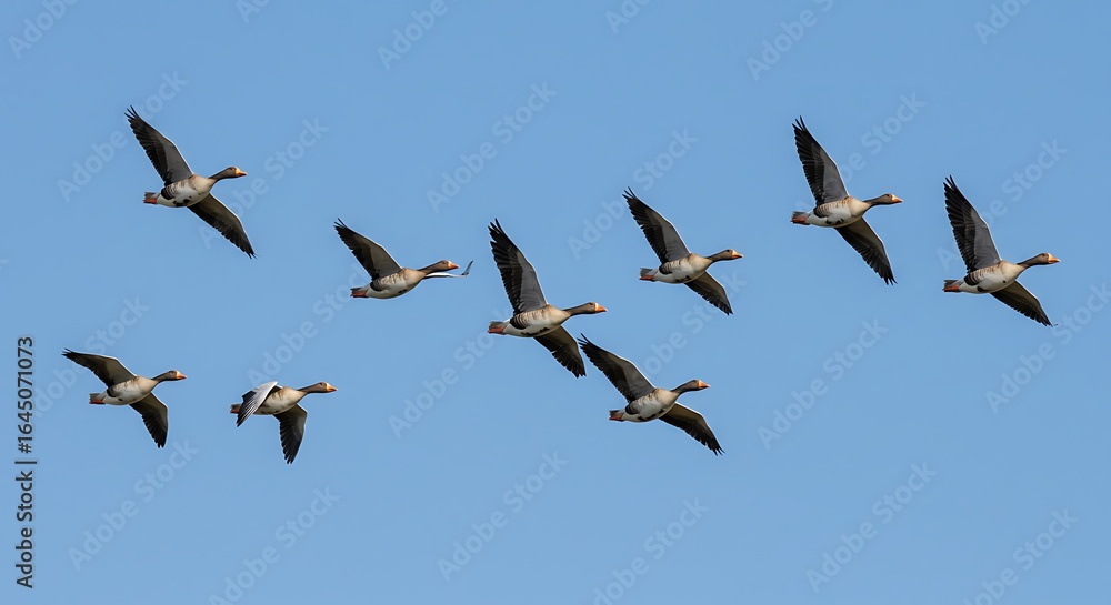 Fototapeta premium Flock of Geese Flying in Formation Against a Bright Blue Sky