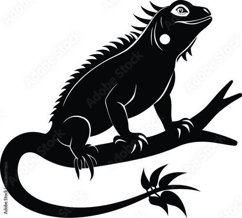 Black Silhouette Iguana on Branch Vector Illustration