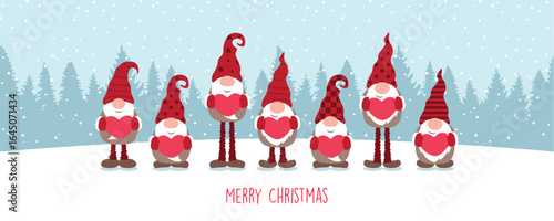 cute dwarf holding hearts and snowy landscape christmas greeting card vector illustration