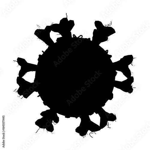 A black and white silhouette of the coronavirus stands out against a clean white background. The detailed outline captures the distinctive spike proteins of the SARS virus.
