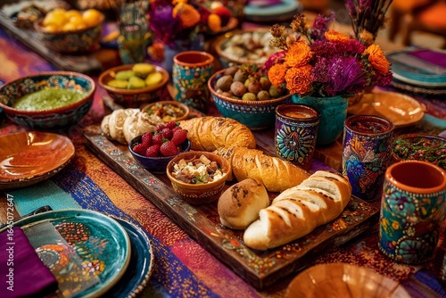 Vibrant Hispanic Fiesta Table with Traditional Foods