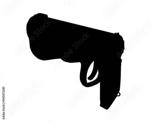 Black pistol silhouette in stark monochrome against clean white background. Simple yet powerful graphic design with sharp outlines. Ideal for crime, security, or military themes.