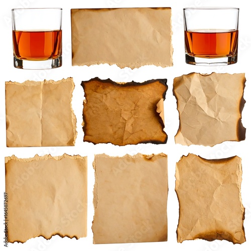 Burned paper and whiskey glasses