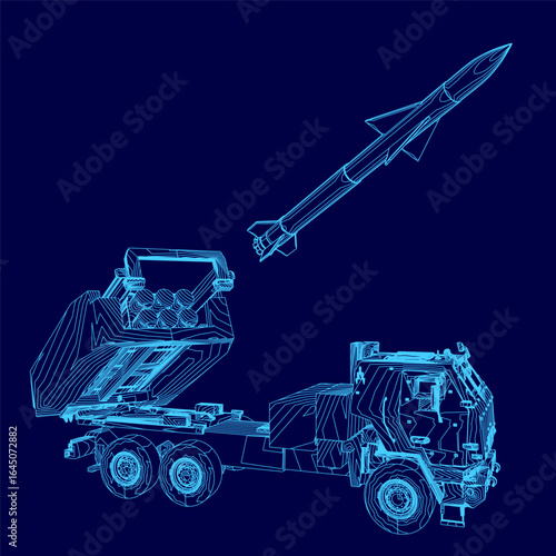 A military truck blueprint features a missile launcher on its flatbed, outlined in white against a dark blue background. The detailed contour drawing highlights the vehicle's robust structure.