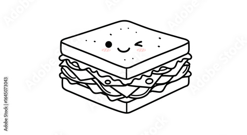 Cute cartoon sandwich winking in black and white line art