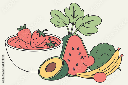 Healthy food vector illustration with a fresh set of fruits and vegetables like strawberry, apple, banana, and orange