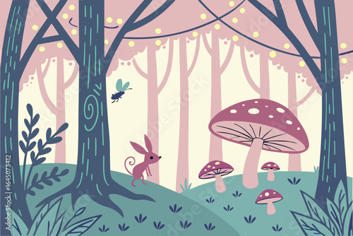 Colorful cartoon illustration of an autumn forest landscape with a rainy weather pattern and seamless drawing of umbrellas