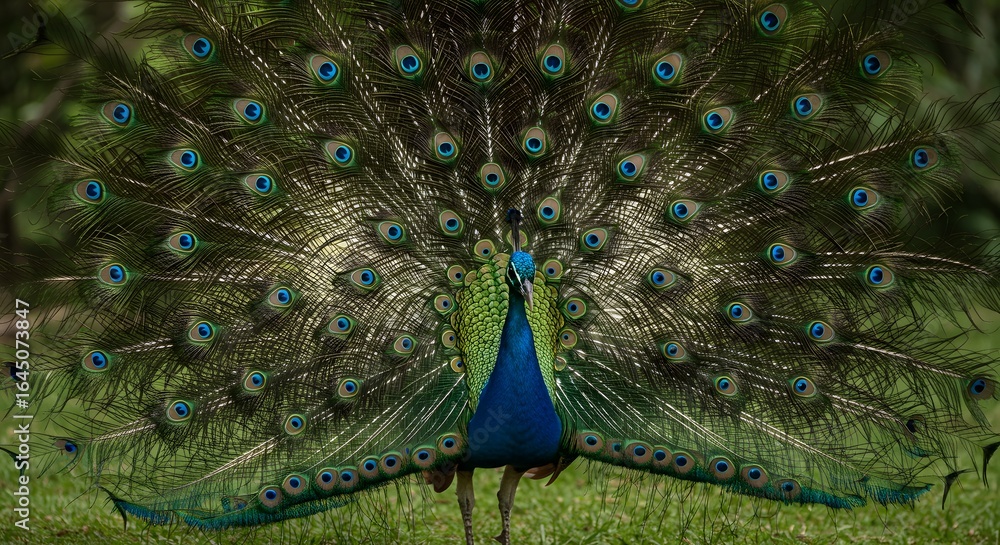 Obraz premium Majestic Male Peacock Displaying Vibrant Tail Feathers in Natural Green Habitat