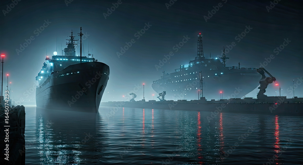 Obraz premium Dark Blue Cruise Ships Docked at Night Reflecting Red Lights in Water