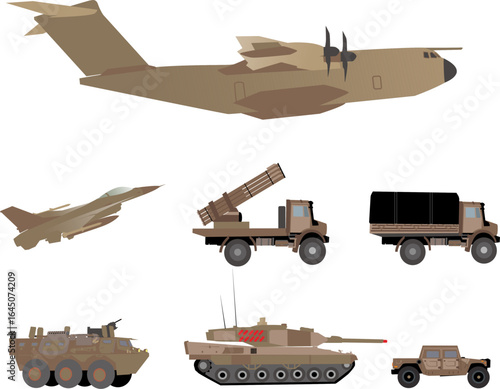A vector illustration set of various military vehicles and aircraft, including tanks, trucks, jets, and transport planes, in flat design style on a white background