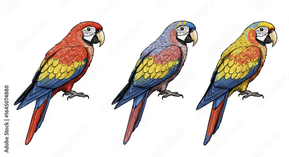 Obraz premium Colorful Parrots Illustration Three Birds with Bright Feathers on Transparent Background