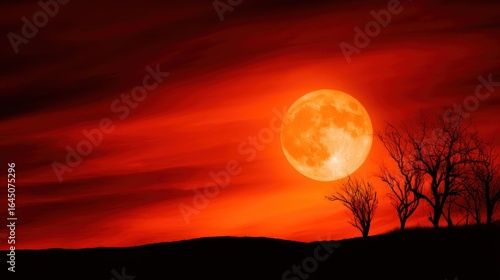Majestic full moon rises over a dramatic red sky, silhouetting barren trees on a tranquil landscape