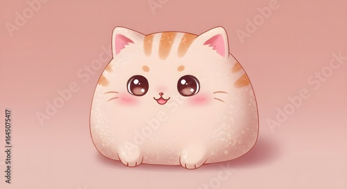 Cute Round Striped Kitten Illustration with Rosy Cheeks on Pink Background