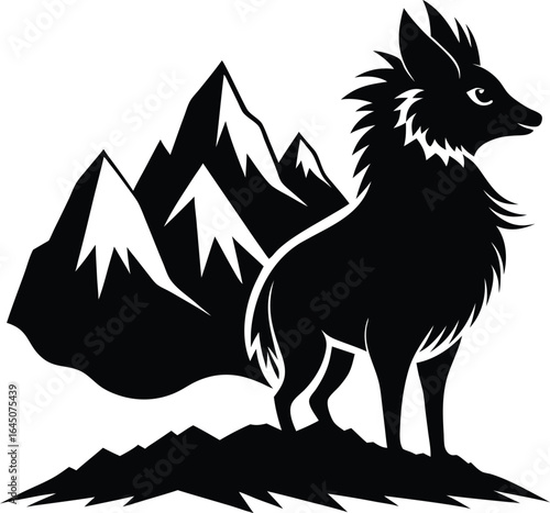 Black Silhouette Fox with Mountains Vector Art Illustration