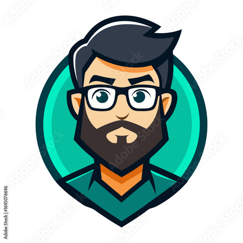 A stylish and modern portrait of a bearded man with glasses, in a vibrant and minimalist cartoon style, perfect for personal branding, profile pictures, and avatars, vector illustration.

