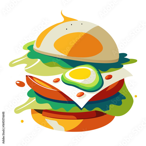 A delicious and healthy burger with a twist, including fresh greens and a sunny-side-up egg, in a vibrant and colorful cartoon style, vector illustration, food, diet, nutrition.

