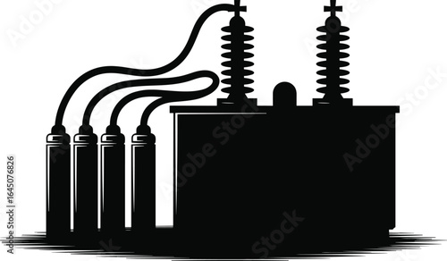 Electric transformer station vector silhouette, high voltage equipment, power distribution infrastructure, industrial electricity system, energy transmission, black and white design