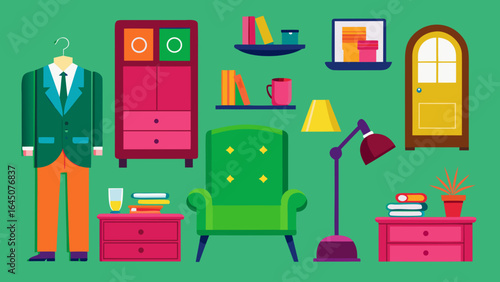 Illustration of a tidy room with furniture such as a wardrobe, chair, and other decorations