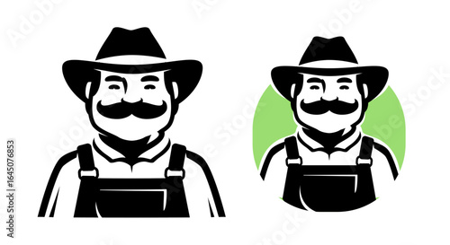 Happy farmer emblem. Farm worker in hat symbol. Illustration for organic food packaging and label design