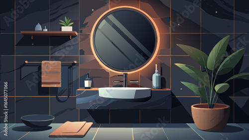 A modern bathroom interior featuring a round mirror, plant, and dark tiled walls and flooring