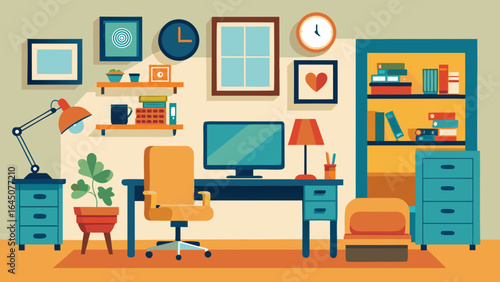 Illustration of a well decorated home office with desk, chair, and organized storage space