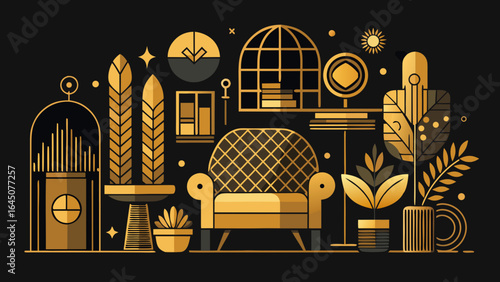 Illustration of an interior design with a chair plants and decorative objects in gold and black colorscheme
