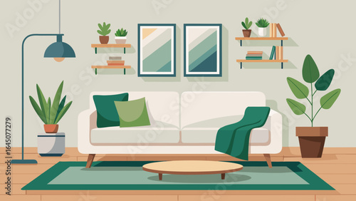 Illustration of a cozy living room with a white sofa, plants, and decorative wall art pieces
