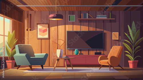 Cozy living room interior with armchairs, tv, plants, and warm lighting creating a relaxing ambiance