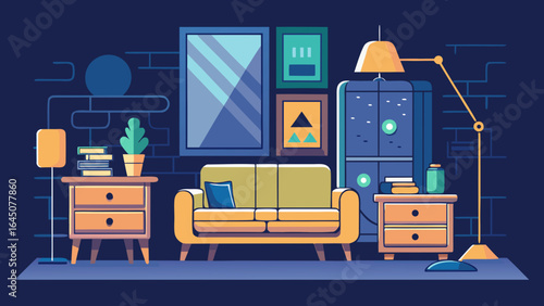 Illustration of a cozy living room interior with sofa, cabinets and wall decorations showing a homey scene