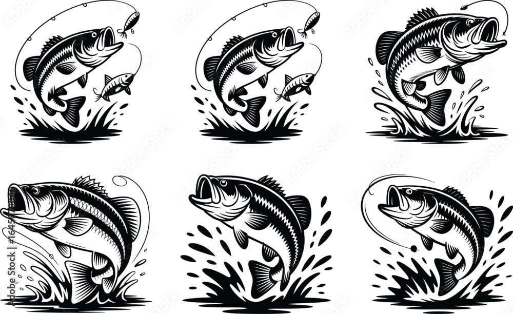 Fototapeta premium Fishing Bass Silhouette, Bass Fish Vector, Largemouth Bass Clipart, Angler Fishing Silhouette, Sport Fishing Vector