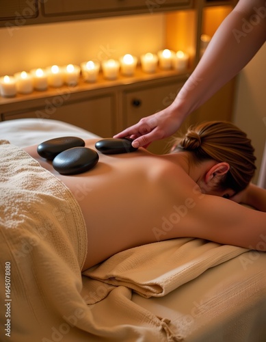 Hot stone massage on a woman’s back in a candle-lit spa room, promoting relaxation and muscle relief.
