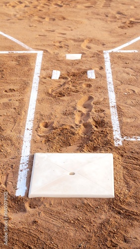 Home plate in a sandy baseball infield, marked by white lines and showing footprints