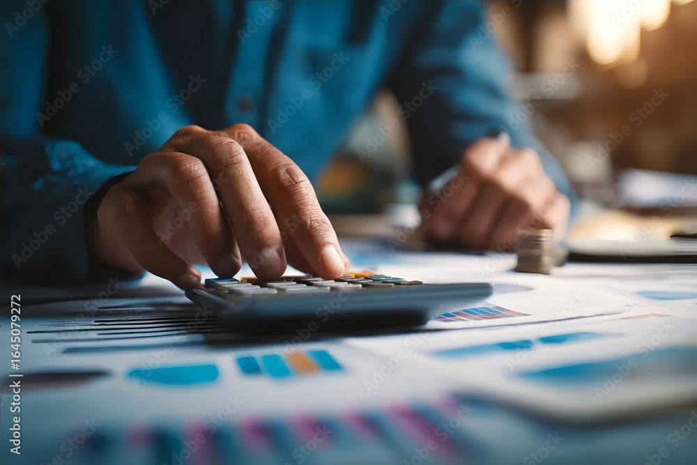 Person calculates numbers on desk. Person calculates numbers on desk.