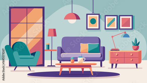 Illustration of a cozy living room with furniture and decor in a modern and minimalist style design