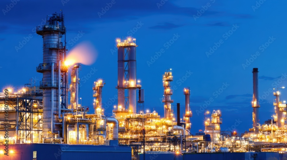 Fototapeta premium Industrial complex illuminated at night, showcasing towering structures and glowing lights against a twilight sky