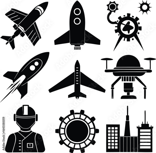 Black and White Vector Icons: Aerospace, Engineering, and Industry