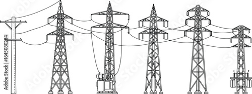 Electrical power transmission towers, utility poles, high voltage transformers, energy distribution grid, industrial infrastructure, electricity network vector illustration