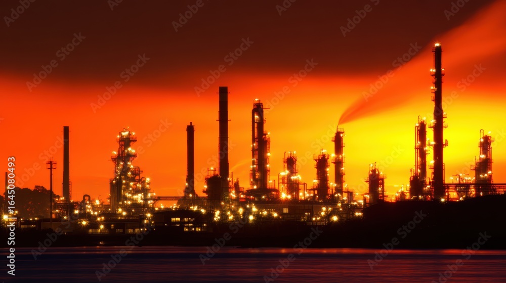 Fototapeta premium Industrial skyline at sunset with glowing lights and smoke, reflecting on water, showcasing energy production