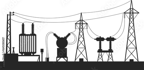 Electrical substation silhouette, power transmission, high voltage equipment, electricity distribution, energy infrastructure, electrical grid, power lines, transformer station, 