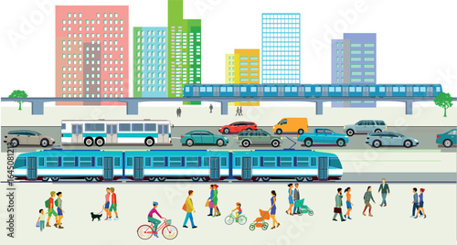 autos, stadtbus, strassenbahn, stadtsilhouette, bus, metro,straßenverkehr, menschen, straße, verkehr, verkehrswesen, transportmittel, städtische straße