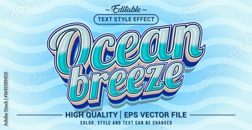 Editable text effect vector themed “Ocean Breeze”. Fresh, calming, and tropical style perfect for summer, beach, travel, and holiday designs.