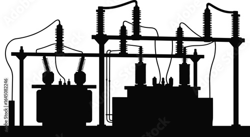 Electrical transformer station silhouette, power distribution equipment, high voltage electrical infrastructure, energy supply system, industrial power transformer, electrical substation design, 