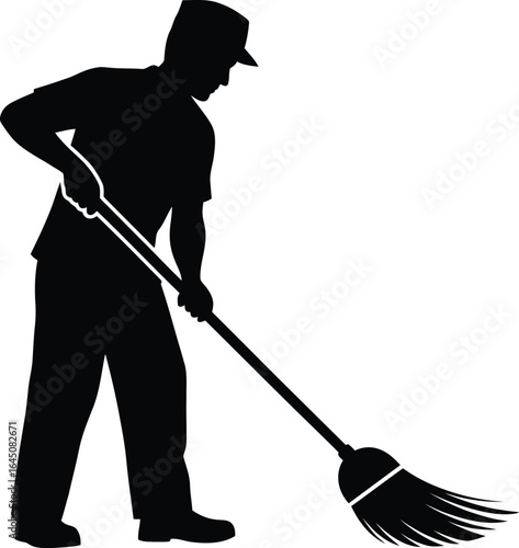Silhouette of a man sweeping with a broom, representing cleaning, maintenance, and essential work of a janitor in public spaces