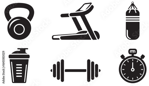 Black and white fitness icons including kettlebell treadmill punching bag shaker dumbbell stopwatch