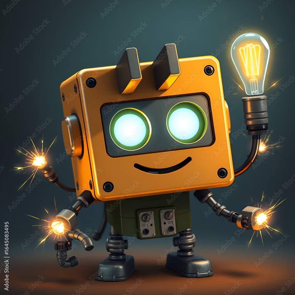 Naklejka premium boxy, robotic character with a plug head and wire arms that are constantly short-circuiting. His eyes are glowing light bulbs, and he has a slightly confused but friendly expression, with sparks.