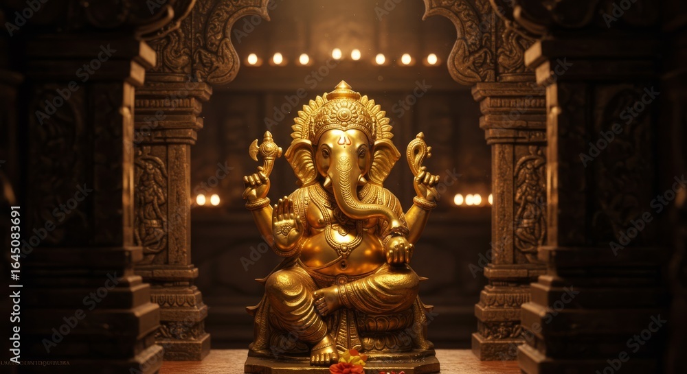 Fototapeta premium Golden Ganesha Statue in Temple Setting