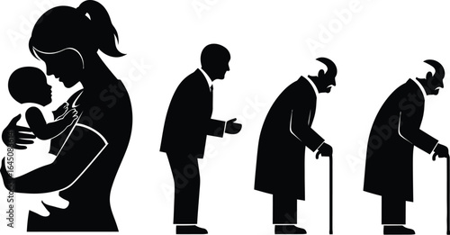 Silhouette illustration of a woman holding a baby, followed by a man aging through different stages of life, representing cycle of life and aging