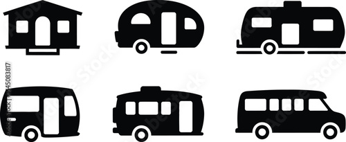 Collection of automotive and mobile home icons in black silhouette style