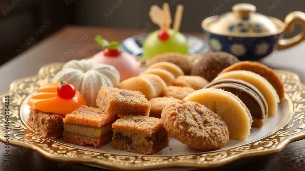 Video, plate rotates around, Assorted cookies and sweets displayed on an ornate plate , desserts