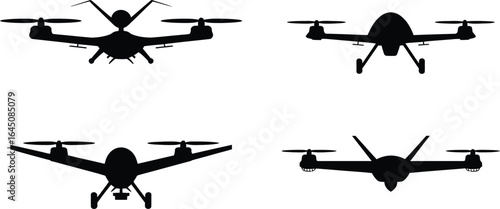 Collection of flying unmanned drone aircraft silhouettes for design projects